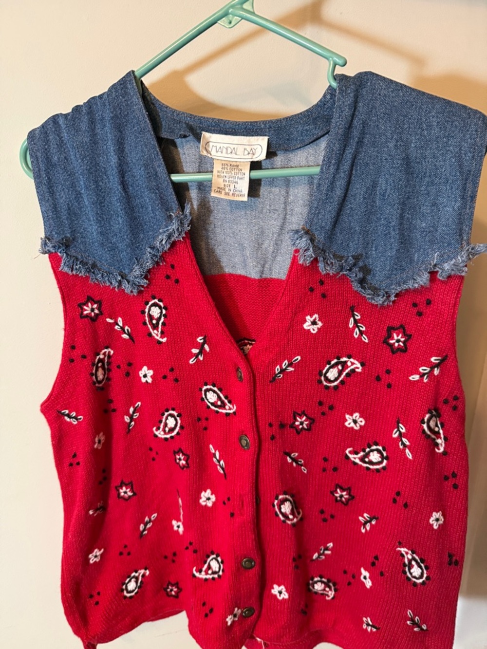 Red Paisley Knit Vest with Denim Collar by Mandal Bay - Picture 5 of 6